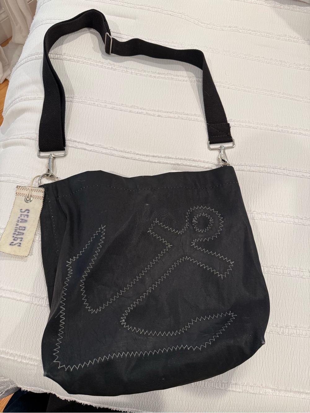 Sea Bags Black Crossbody Tote Bag with Black Anchor Stitch Detail